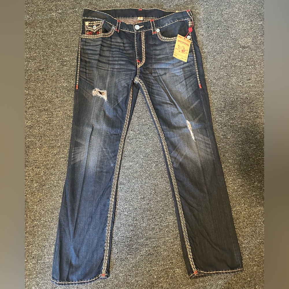 True Religion Blue Distressed Straight-Leg Pants
